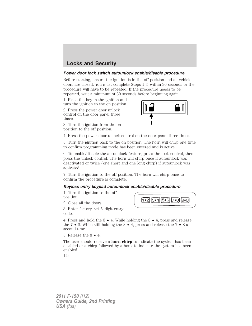 Locks and security | FORD 2011 F-150 v.2 User Manual | Page 144 / 460