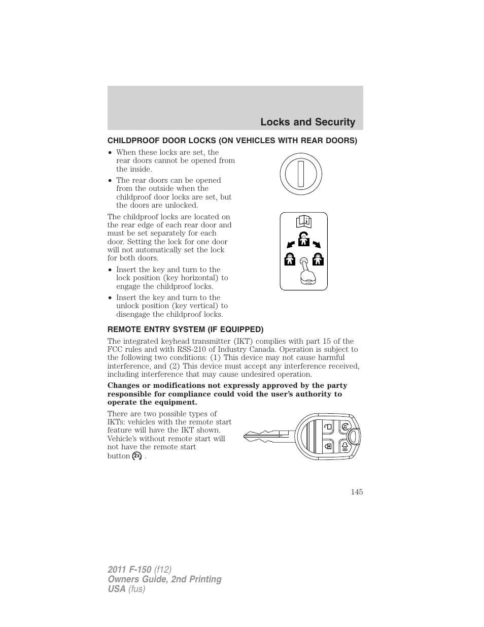 Remote entry system (if equipped), Locks and security | FORD 2011 F-150 v.2 User Manual | Page 145 / 460