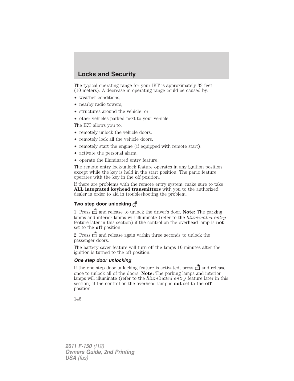 Two step door unlocking, One step door unlocking, Locks and security | FORD 2011 F-150 v.2 User Manual | Page 146 / 460