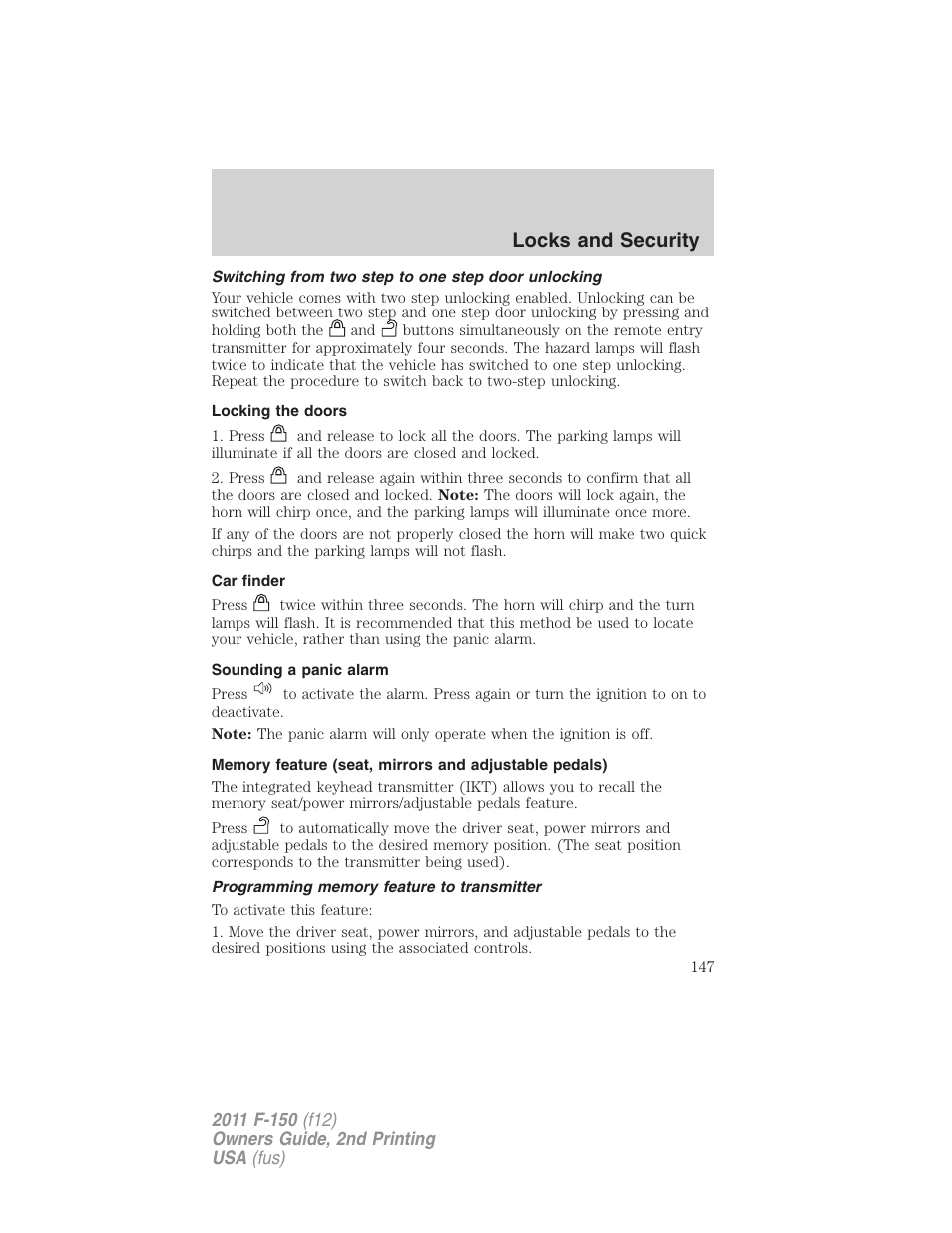 Switching from two step to one step door unlocking, Locking the doors, Car finder | Sounding a panic alarm, Programming memory feature to transmitter, Locks and security | FORD 2011 F-150 v.2 User Manual | Page 147 / 460