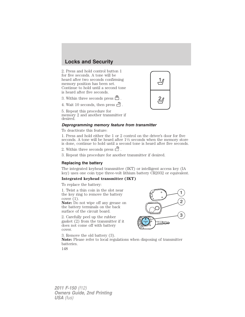 Deprogramming memory feature from transmitter, Replacing the battery, Locks and security | FORD 2011 F-150 v.2 User Manual | Page 148 / 460