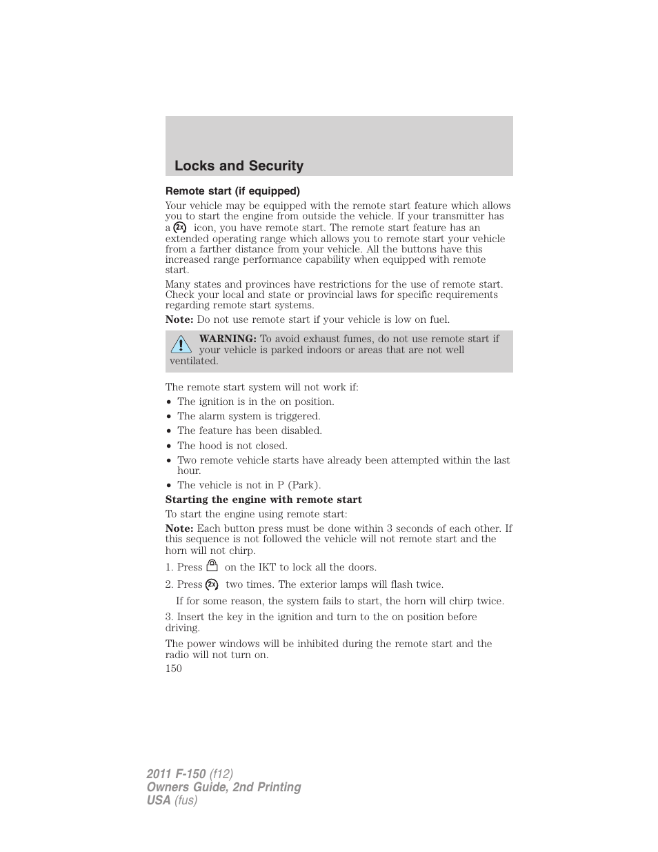 Remote start (if equipped), Locks and security | FORD 2011 F-150 v.2 User Manual | Page 150 / 460