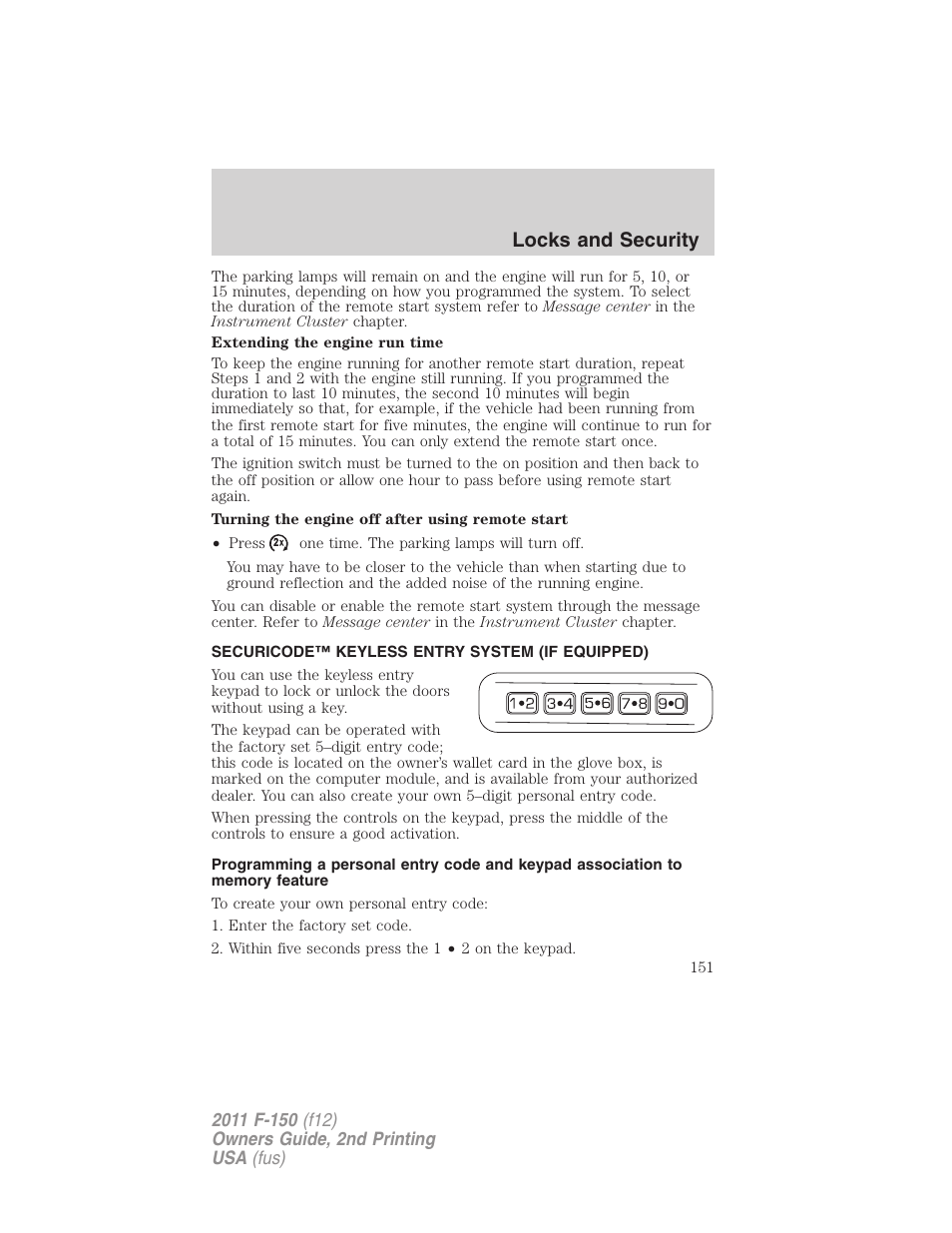 Securicode™ keyless entry system (if equipped), Locks and security | FORD 2011 F-150 v.2 User Manual | Page 151 / 460