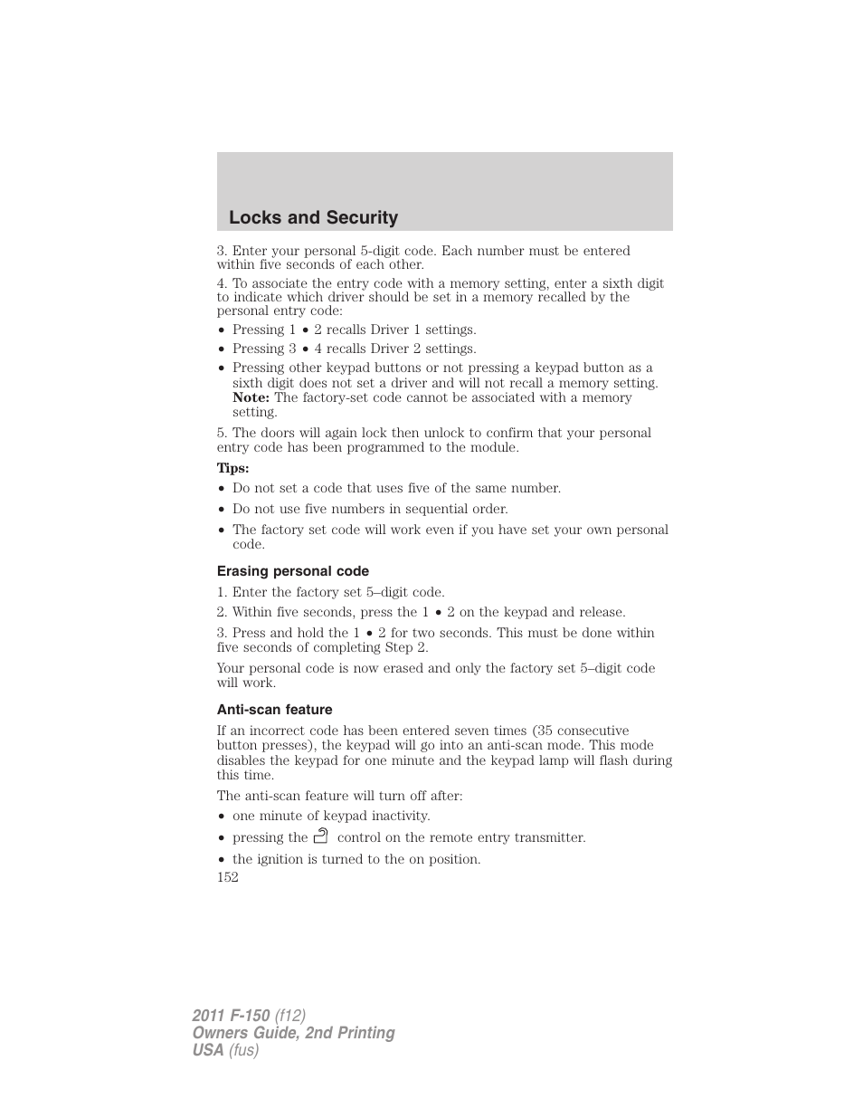 Erasing personal code, Anti-scan feature, Locks and security | FORD 2011 F-150 v.2 User Manual | Page 152 / 460