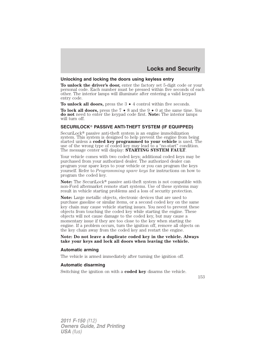 Securilock passive anti-theft system (if equipped), Automatic arming, Automatic disarming | Anti-theft system, Locks and security | FORD 2011 F-150 v.2 User Manual | Page 153 / 460