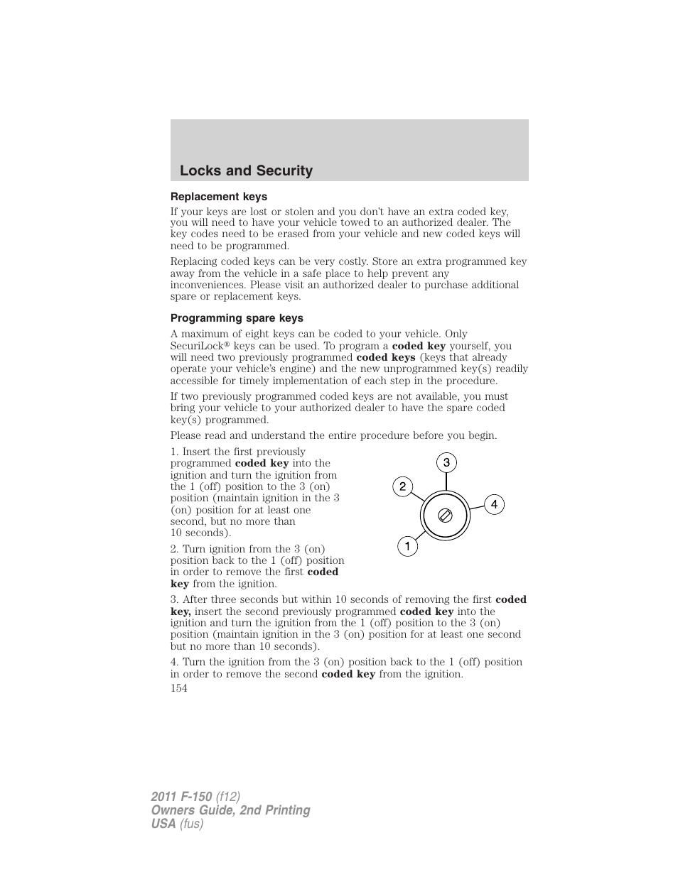 Replacement keys, Programming spare keys, Locks and security | FORD 2011 F-150 v.2 User Manual | Page 154 / 460