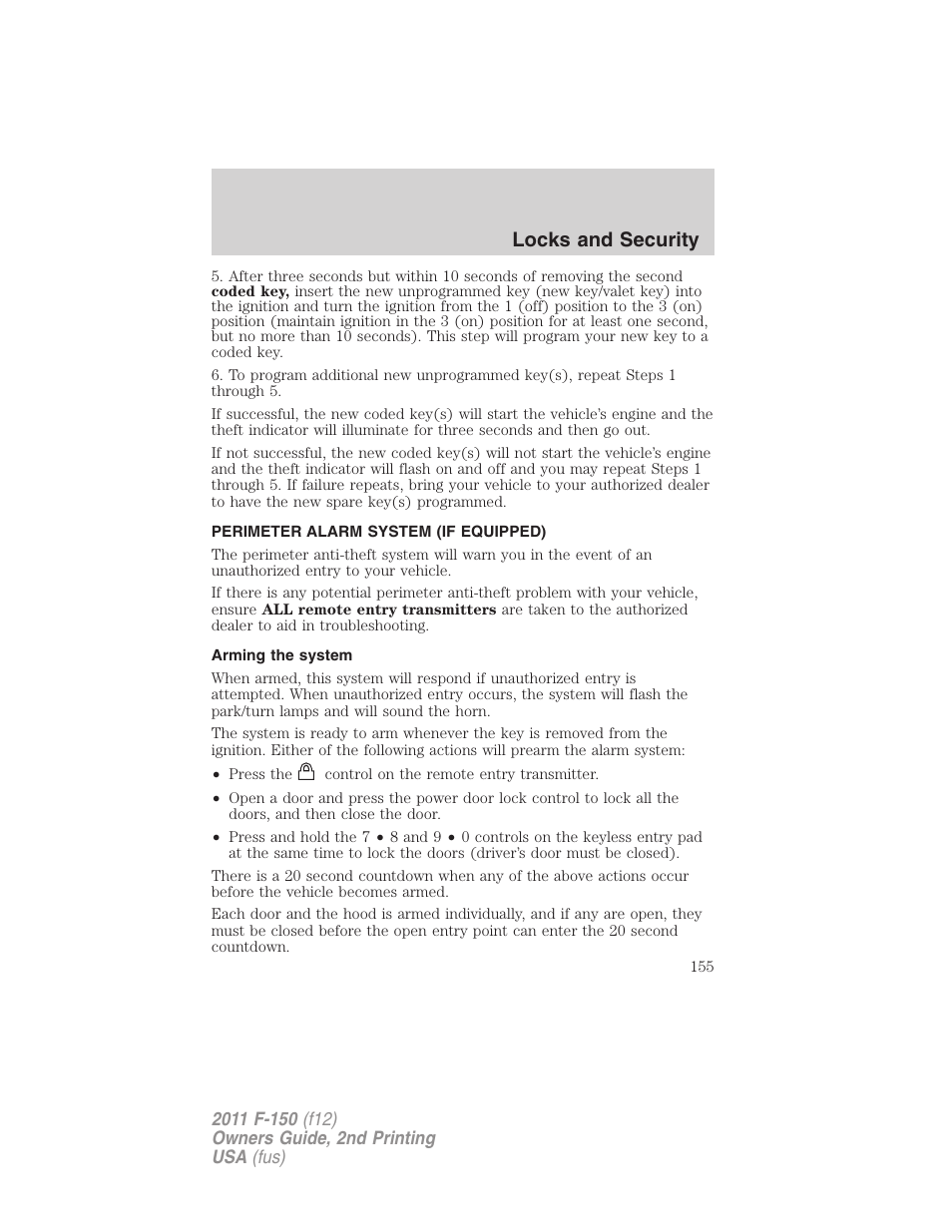 Perimeter alarm system (if equipped), Arming the system, Locks and security | FORD 2011 F-150 v.2 User Manual | Page 155 / 460