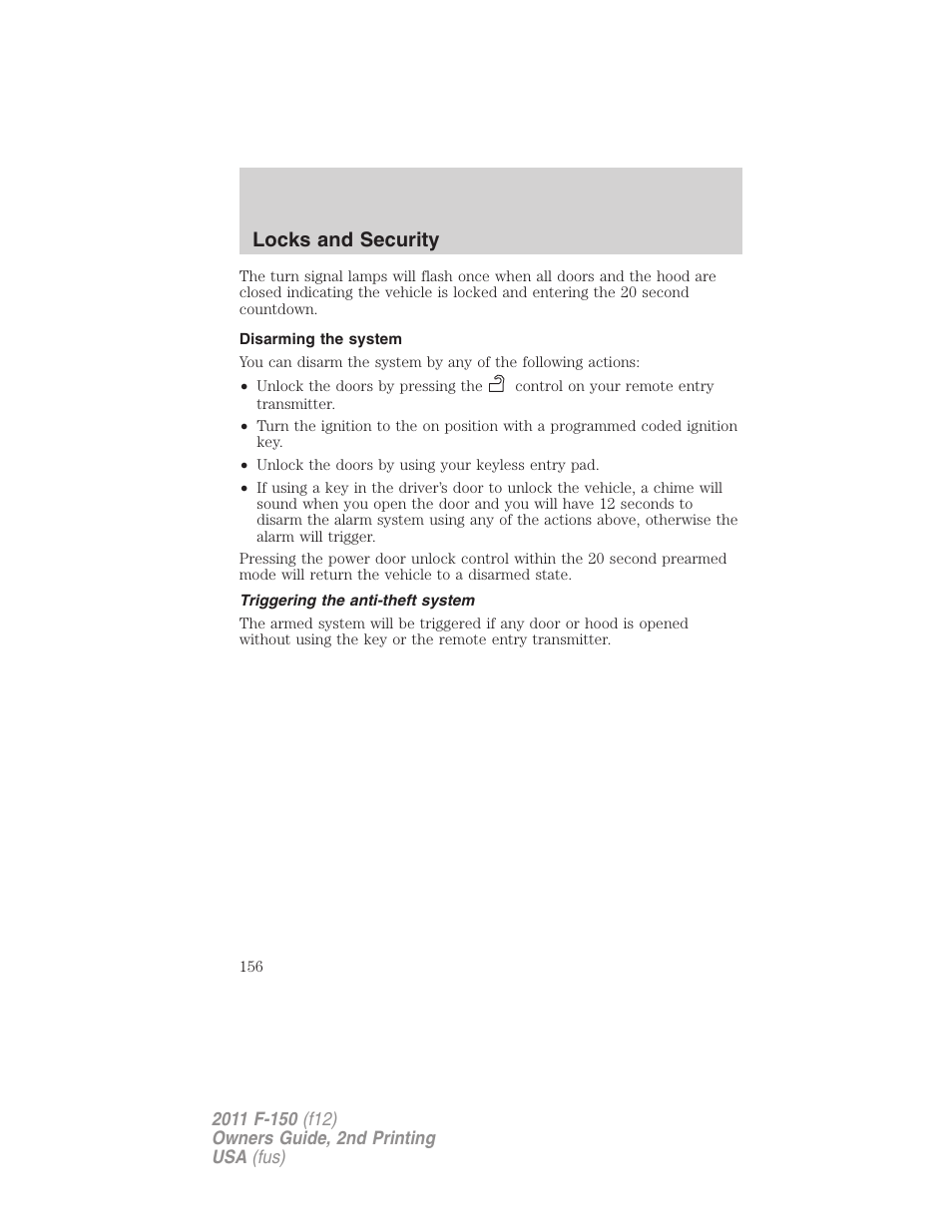 Disarming the system, Triggering the anti-theft system, Locks and security | FORD 2011 F-150 v.2 User Manual | Page 156 / 460