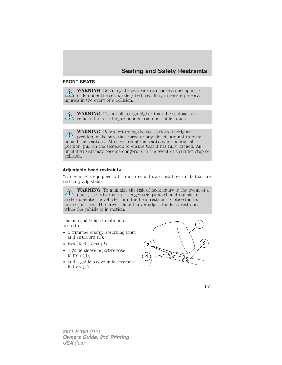 Seating and safety restraints, Front seats, Adjustable head restraints | Seating | FORD 2011 F-150 v.2 User Manual | Page 157 / 460