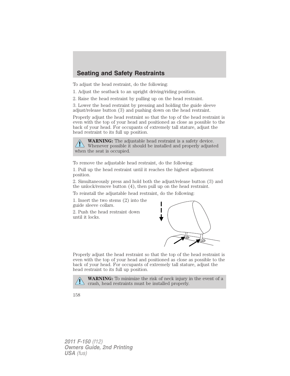 Seating and safety restraints | FORD 2011 F-150 v.2 User Manual | Page 158 / 460