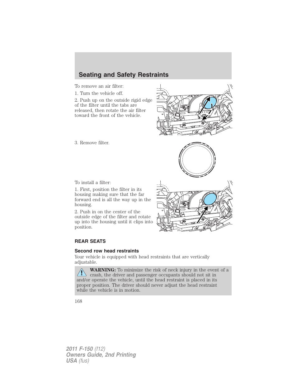 Rear seats, Second row head restraints, Seating and safety restraints | FORD 2011 F-150 v.2 User Manual | Page 168 / 460