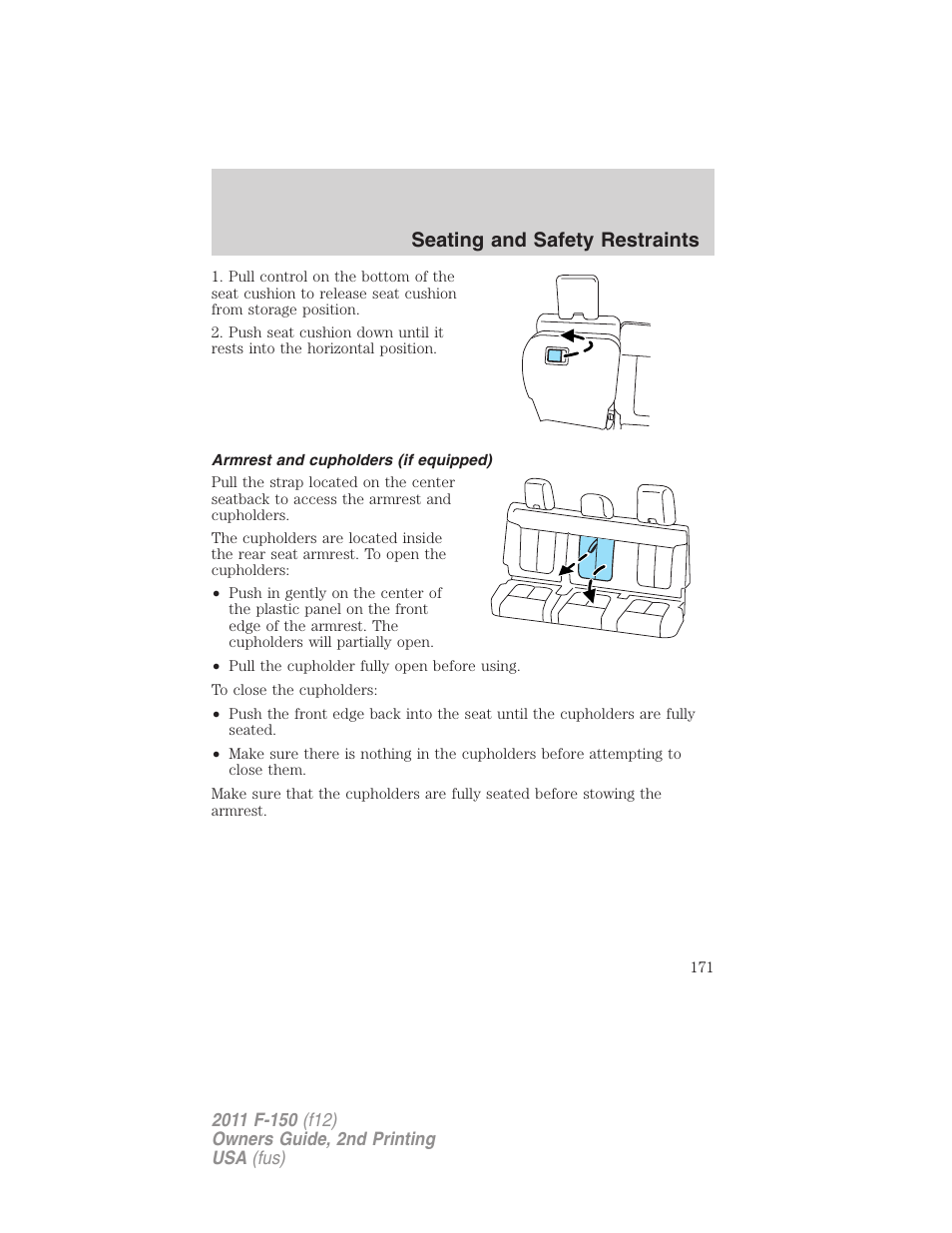 Armrest and cupholders (if equipped), Seating and safety restraints | FORD 2011 F-150 v.2 User Manual | Page 171 / 460