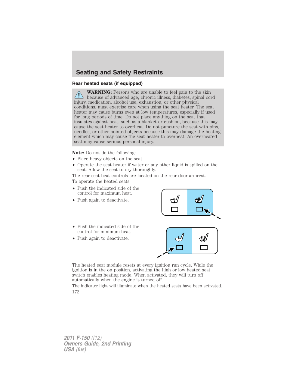 Rear heated seats (if equipped), Seating and safety restraints | FORD 2011 F-150 v.2 User Manual | Page 172 / 460