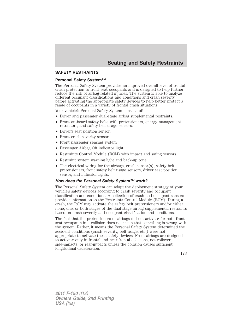Safety restraints, Personal safety system, How does the personal safety system™ work | Seating and safety restraints | FORD 2011 F-150 v.2 User Manual | Page 173 / 460