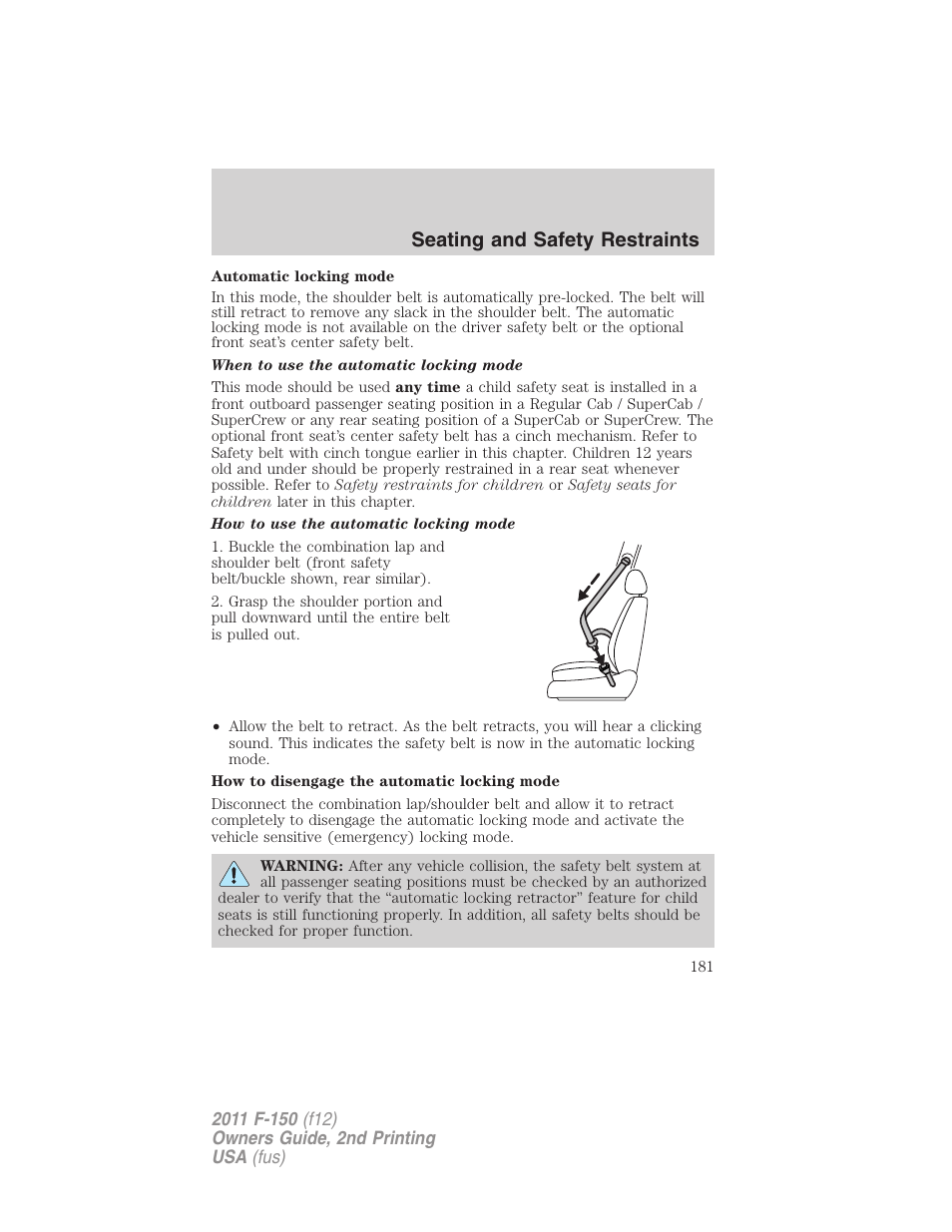 Seating and safety restraints | FORD 2011 F-150 v.2 User Manual | Page 181 / 460
