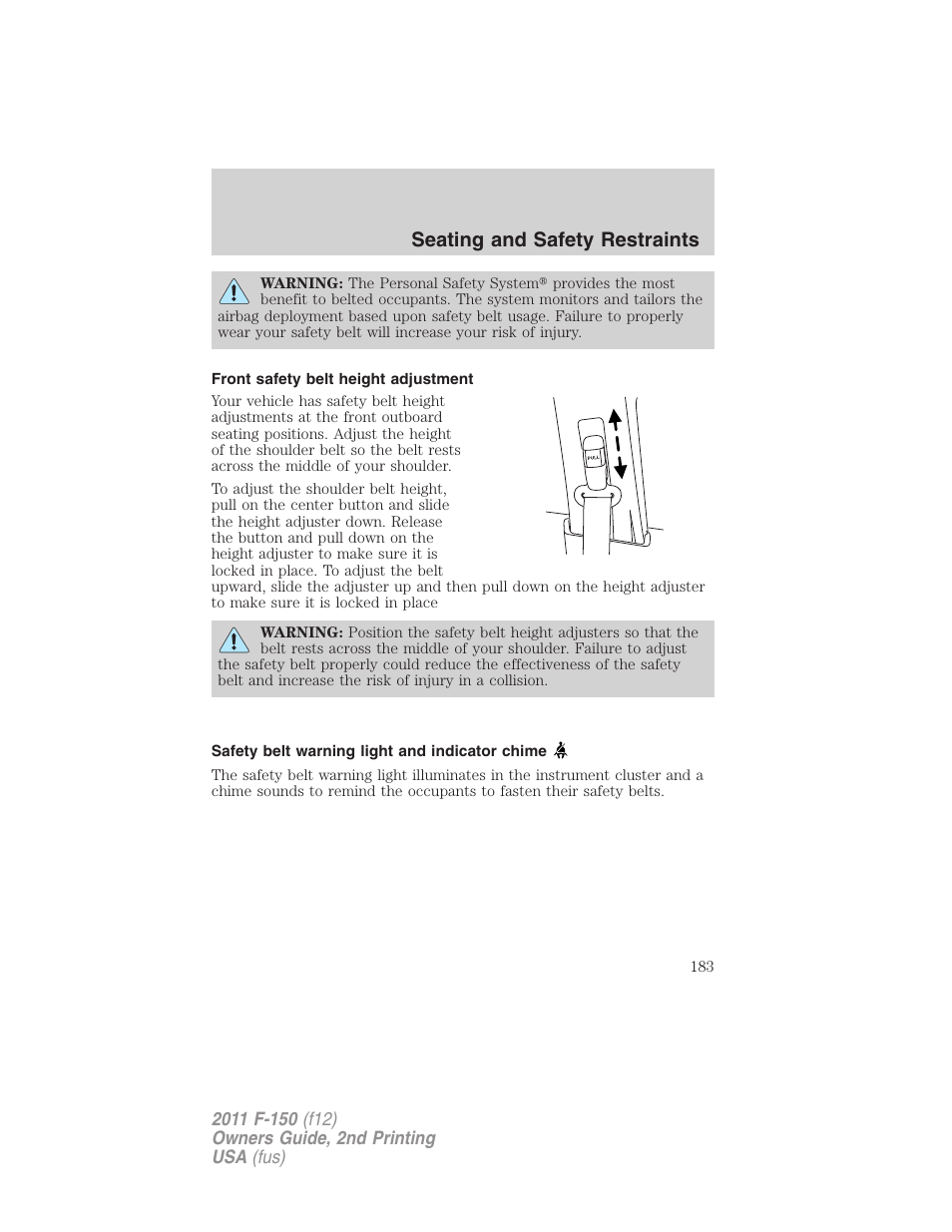 Front safety belt height adjustment, Safety belt warning light and indicator chime, Seating and safety restraints | FORD 2011 F-150 v.2 User Manual | Page 183 / 460