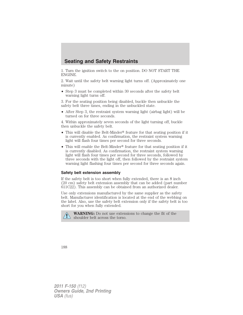 Safety belt extension assembly, Seating and safety restraints | FORD 2011 F-150 v.2 User Manual | Page 188 / 460