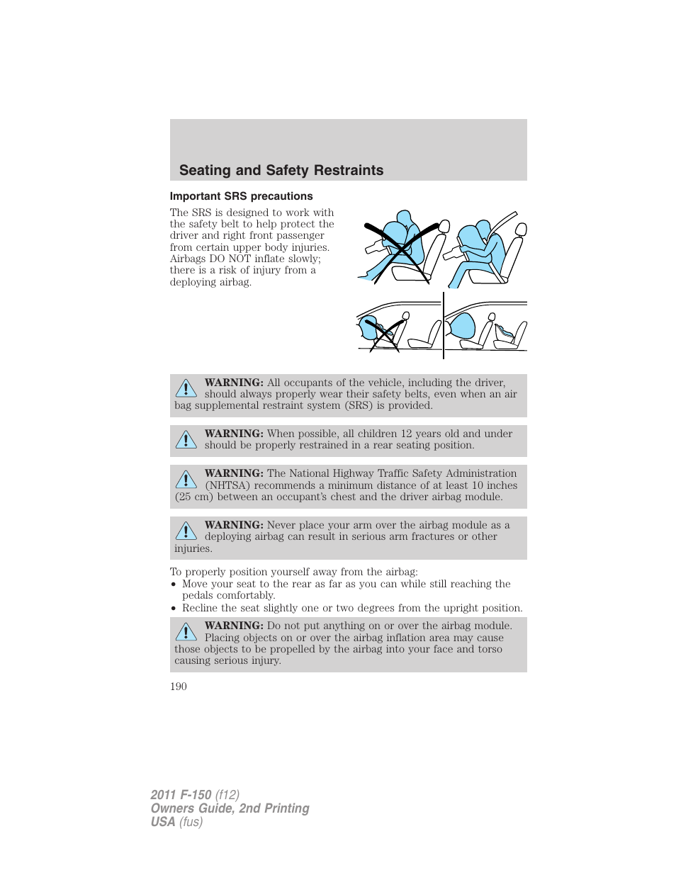 Important srs precautions, Seating and safety restraints | FORD 2011 F-150 v.2 User Manual | Page 190 / 460