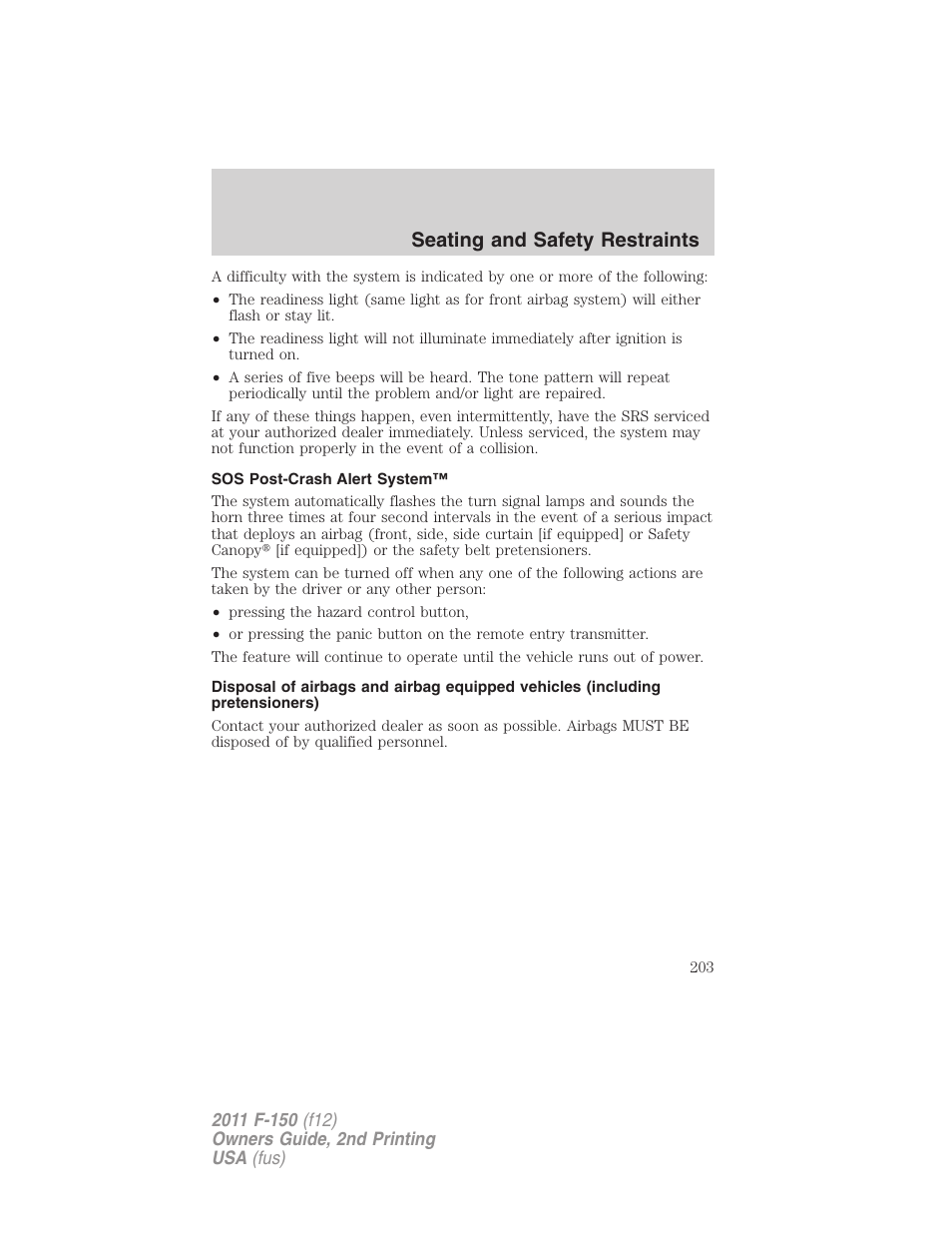 Sos post-crash alert system, Seating and safety restraints | FORD 2011 F-150 v.2 User Manual | Page 203 / 460