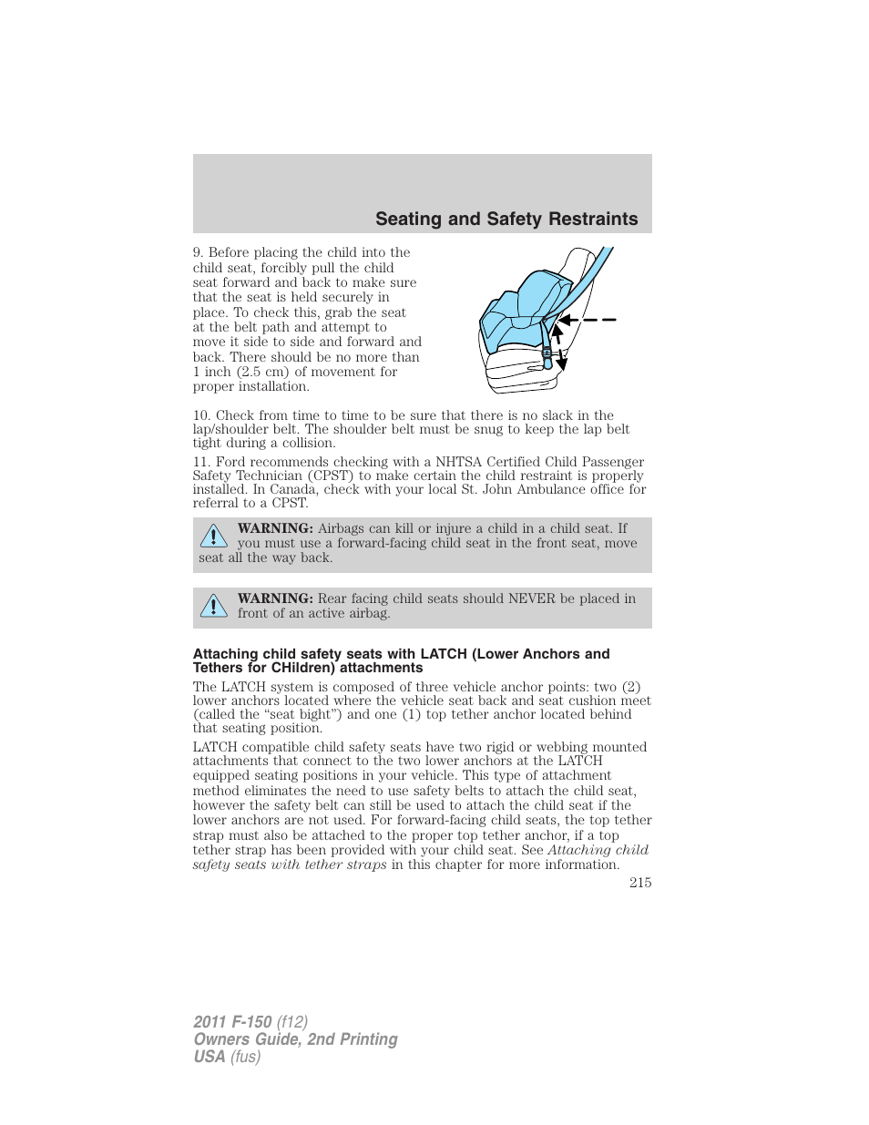 Seating and safety restraints | FORD 2011 F-150 v.2 User Manual | Page 215 / 460