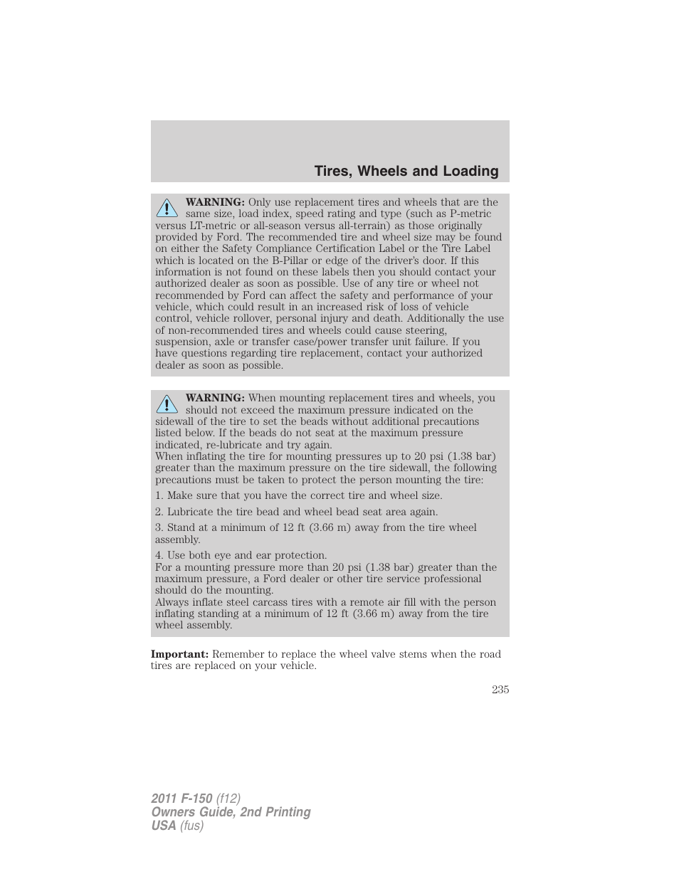 Tires, wheels and loading | FORD 2011 F-150 v.2 User Manual | Page 235 / 460