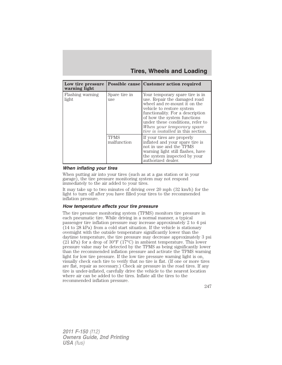 When inflating your tires, How temperature affects your tire pressure, Tires, wheels and loading | FORD 2011 F-150 v.2 User Manual | Page 247 / 460
