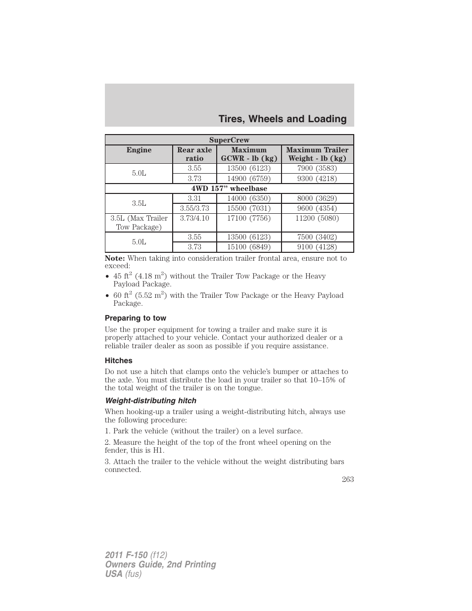 Preparing to tow, Hitches, Weight-distributing hitch | Tires, wheels and loading | FORD 2011 F-150 v.2 User Manual | Page 263 / 460