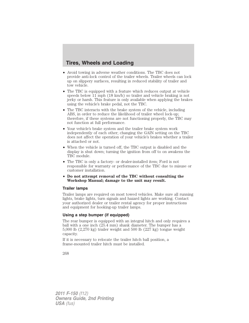 Trailer lamps, Using a step bumper (if equipped), Tires, wheels and loading | FORD 2011 F-150 v.2 User Manual | Page 268 / 460