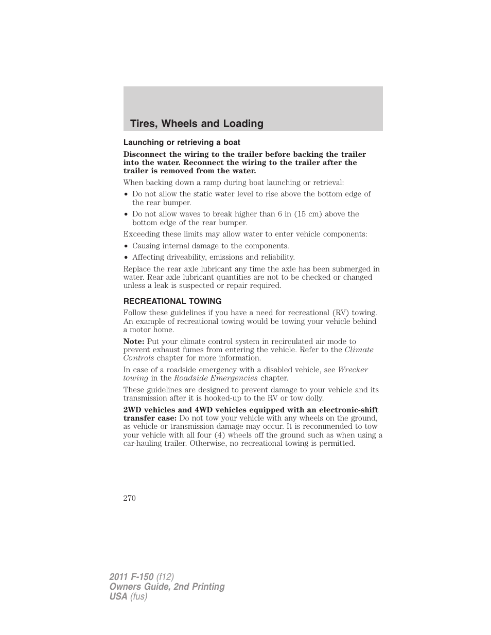 Launching or retrieving a boat, Recreational towing, Tires, wheels and loading | FORD 2011 F-150 v.2 User Manual | Page 270 / 460