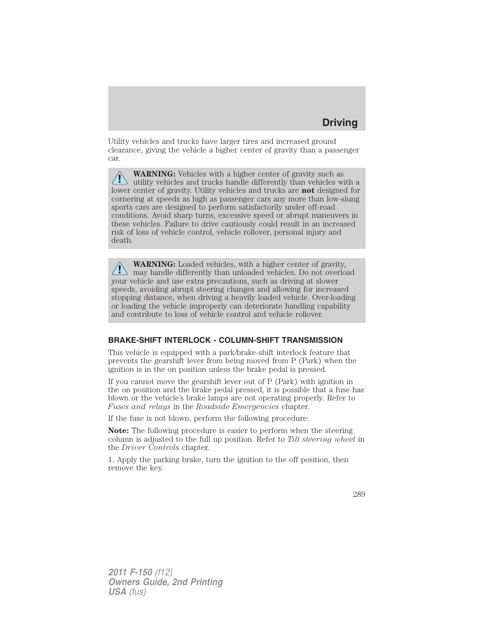 Brake-shift interlock - column-shift transmission, Driving | FORD 2011 F-150 v.2 User Manual | Page 289 / 460