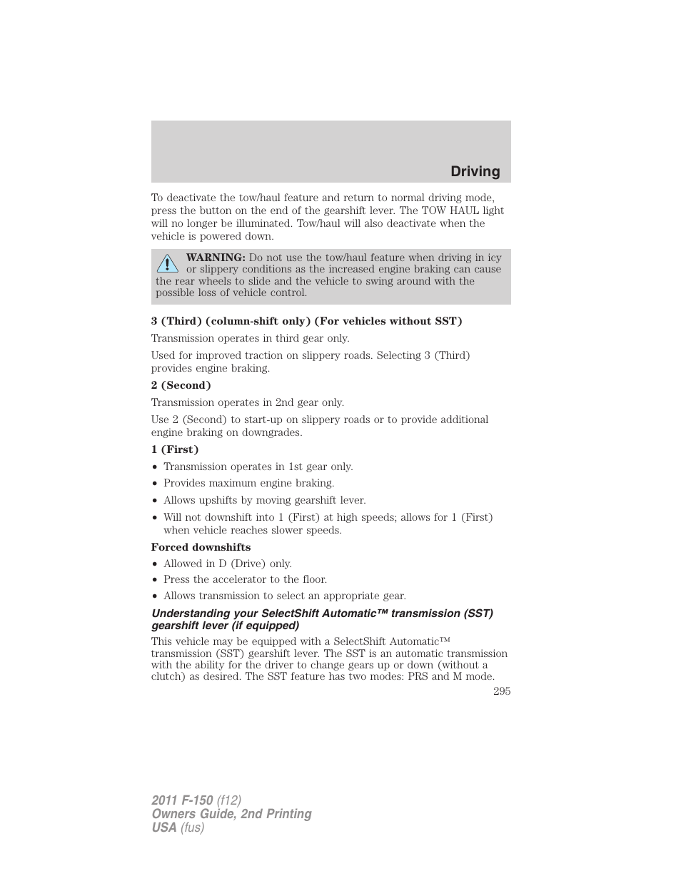 Driving | FORD 2011 F-150 v.2 User Manual | Page 295 / 460
