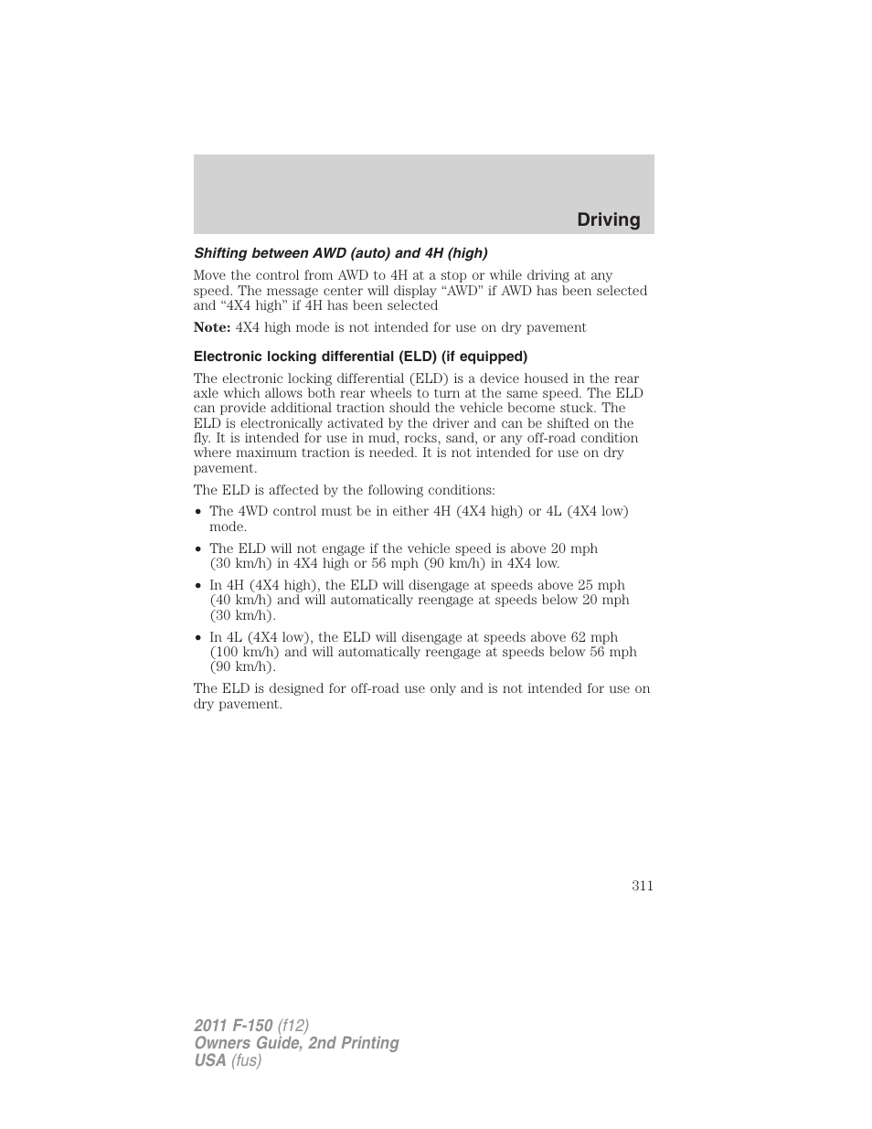 Shifting between awd (auto) and 4h (high), Driving | FORD 2011 F-150 v.2 User Manual | Page 311 / 460