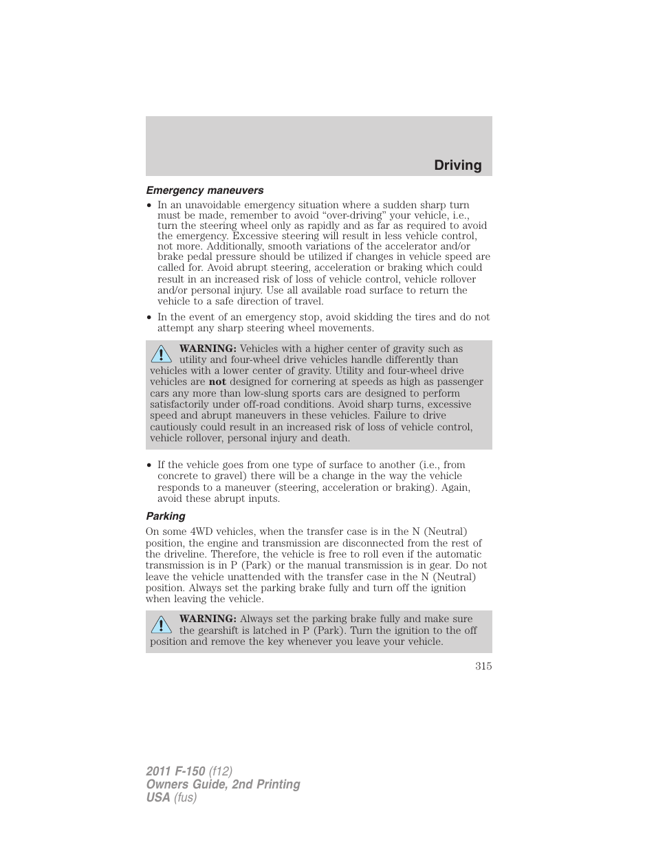 Emergency maneuvers, Parking, Driving | FORD 2011 F-150 v.2 User Manual | Page 315 / 460