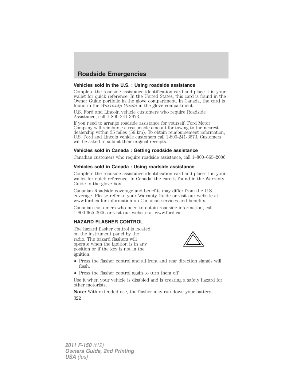 Hazard flasher control, Roadside emergencies | FORD 2011 F-150 v.2 User Manual | Page 322 / 460