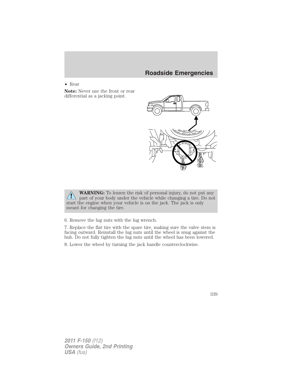 Roadside emergencies | FORD 2011 F-150 v.2 User Manual | Page 339 / 460