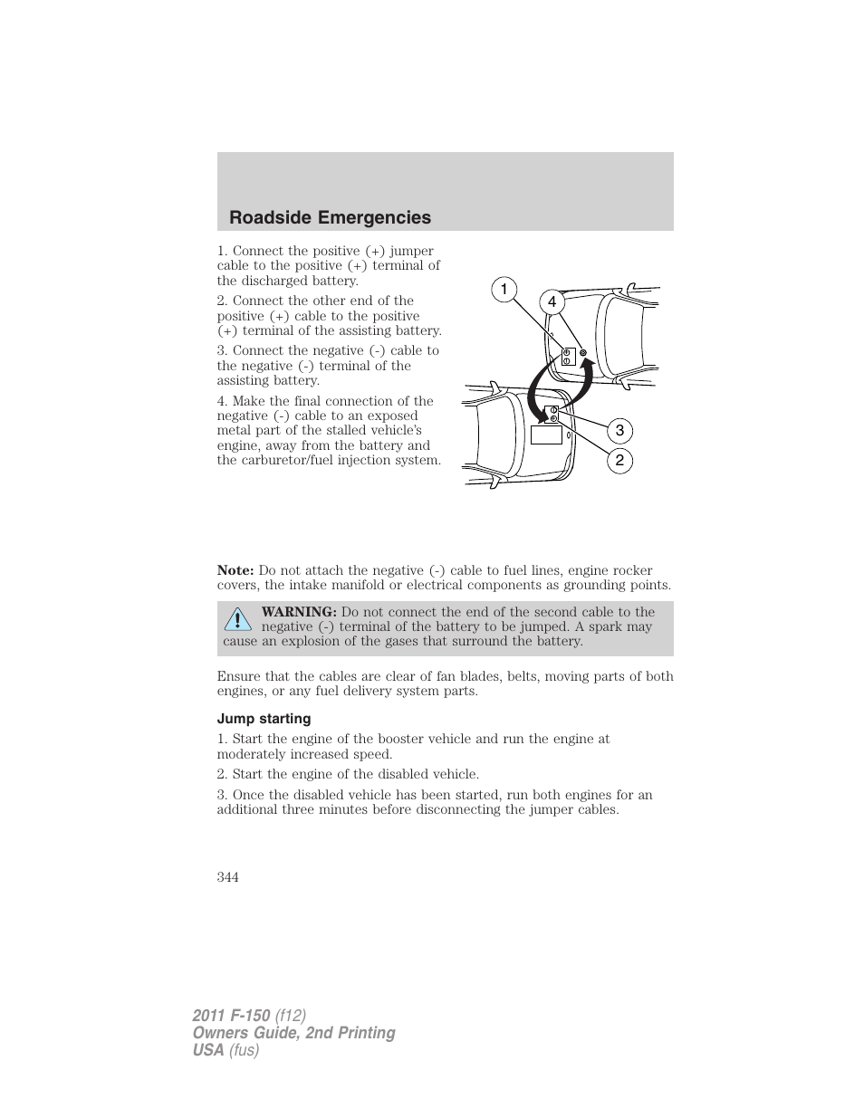 Jump starting, Roadside emergencies | FORD 2011 F-150 v.2 User Manual | Page 344 / 460