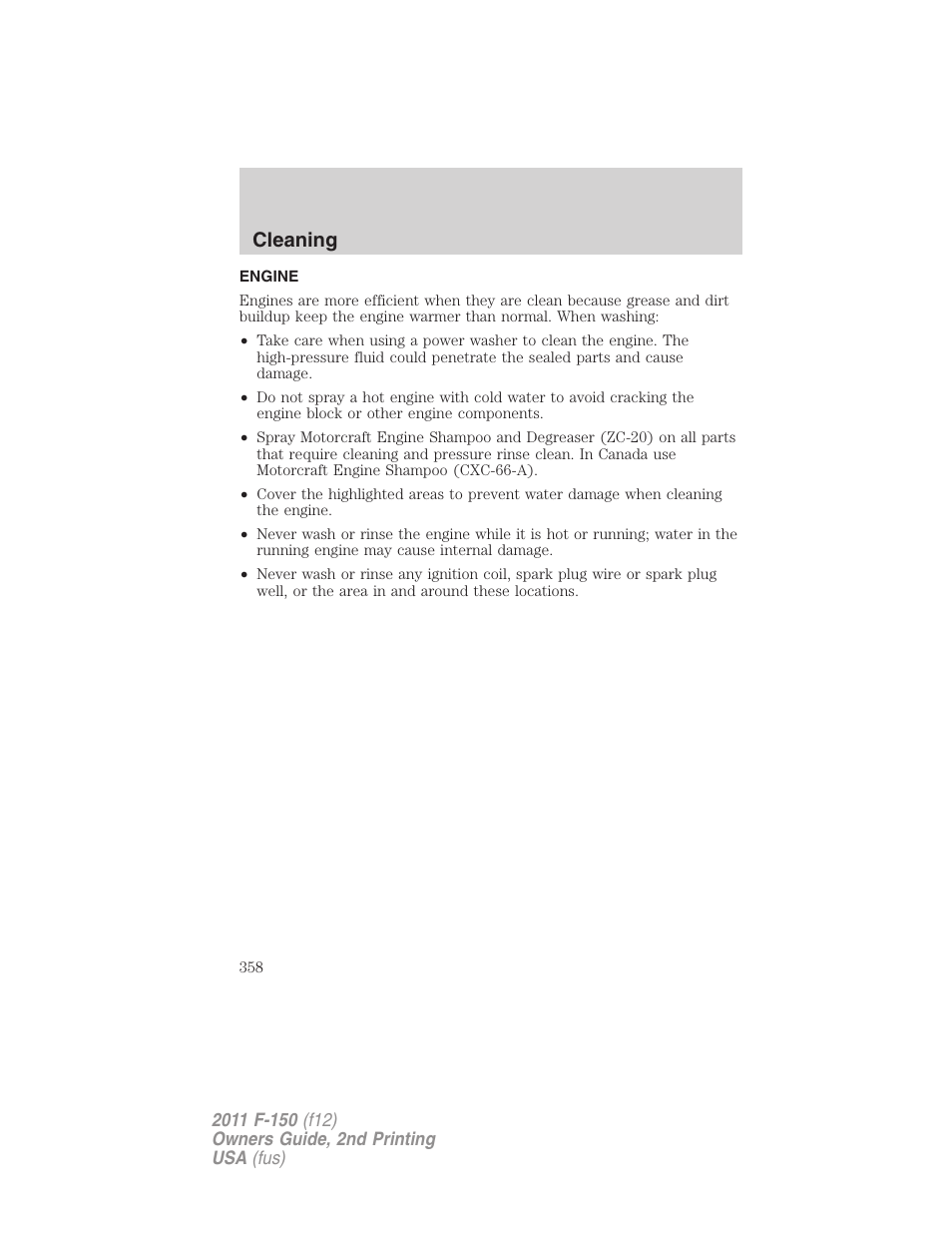 Engine, Cleaning | FORD 2011 F-150 v.2 User Manual | Page 358 / 460