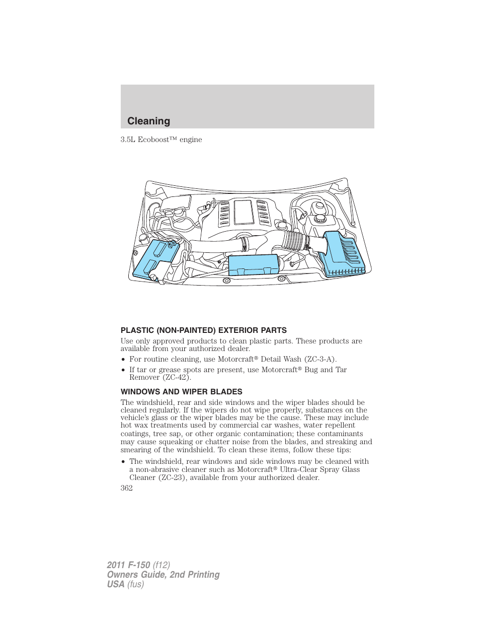 Plastic (non-painted) exterior parts, Windows and wiper blades, Cleaning | FORD 2011 F-150 v.2 User Manual | Page 362 / 460