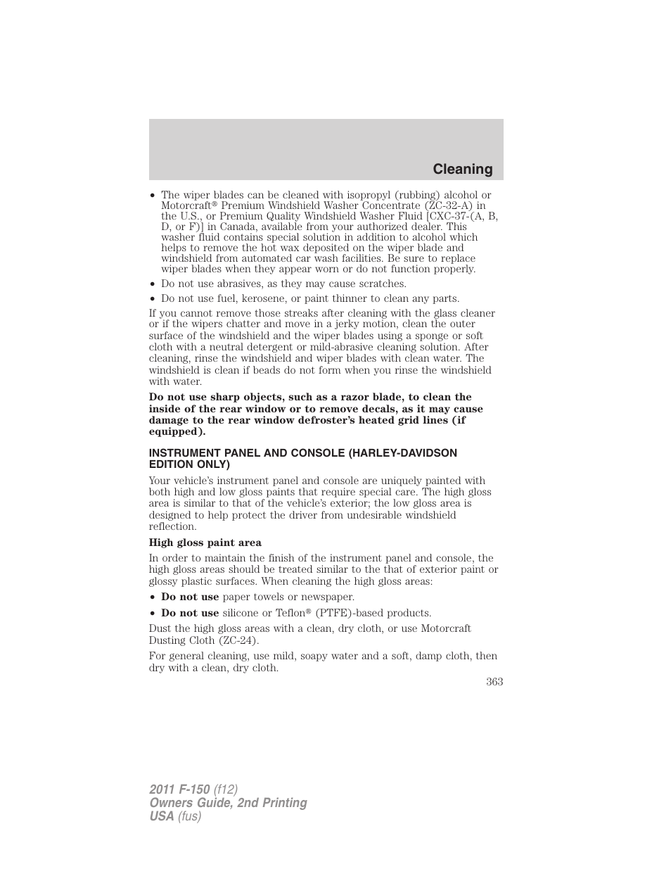 Cleaning | FORD 2011 F-150 v.2 User Manual | Page 363 / 460