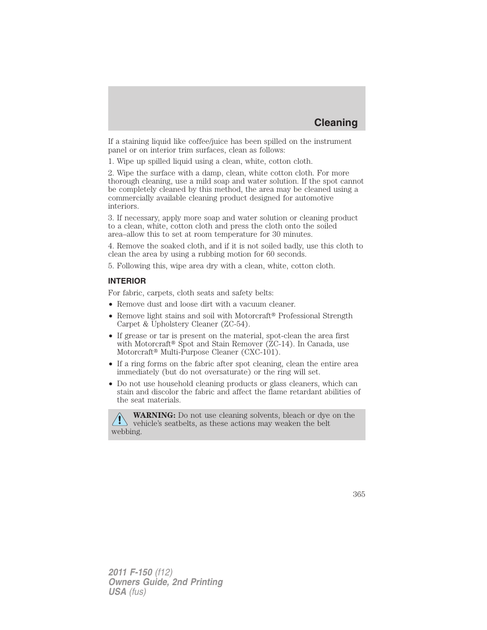 Interior, Cleaning | FORD 2011 F-150 v.2 User Manual | Page 365 / 460