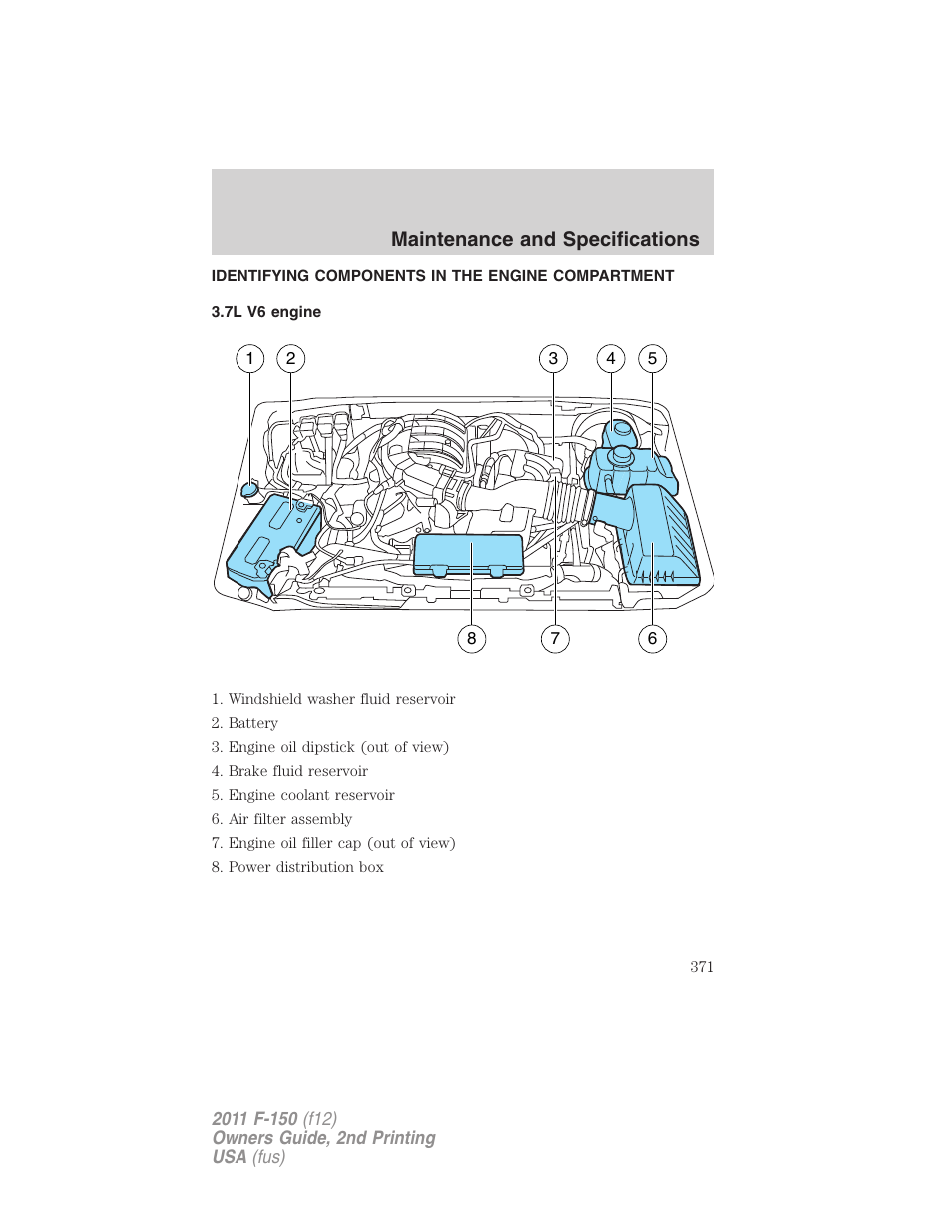 Identifying components in the engine compartment, 7l v6 engine, Engine compartment | Maintenance and specifications | FORD 2011 F-150 v.2 User Manual | Page 371 / 460