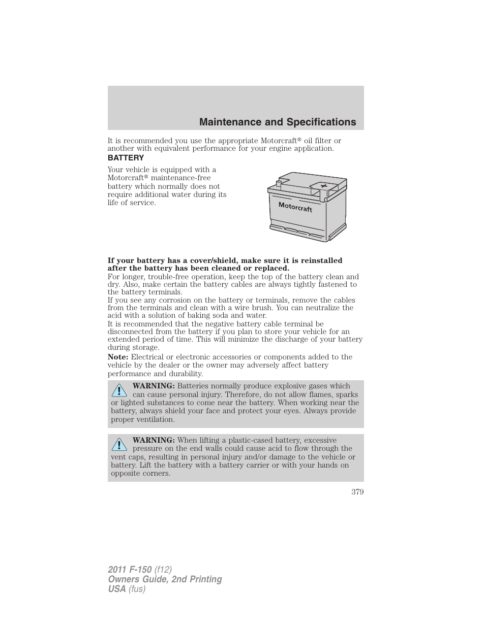 Battery, Maintenance and specifications | FORD 2011 F-150 v.2 User Manual | Page 379 / 460