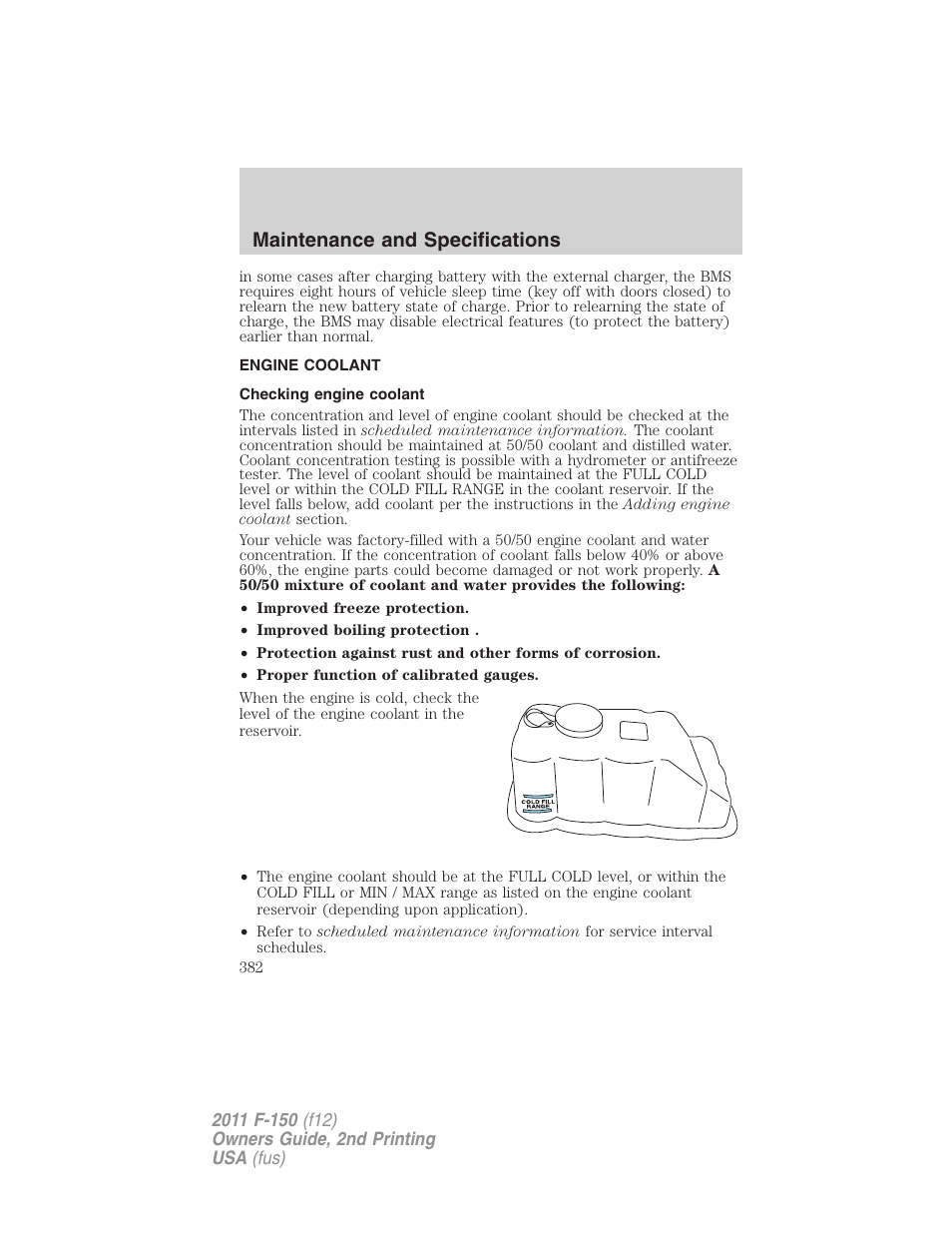 Engine coolant, Checking engine coolant, Maintenance and specifications | FORD 2011 F-150 v.2 User Manual | Page 382 / 460