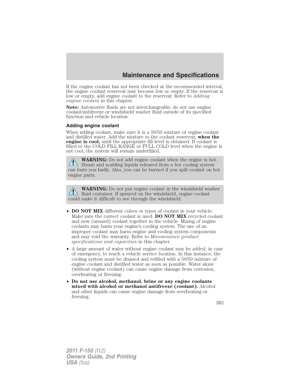 Adding engine coolant, Maintenance and specifications | FORD 2011 F-150 v.2 User Manual | Page 383 / 460