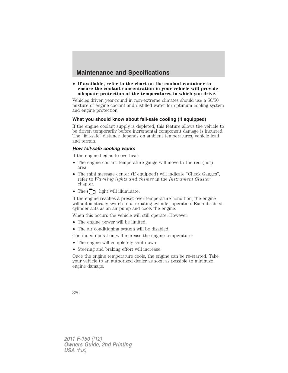 How fail-safe cooling works, Maintenance and specifications | FORD 2011 F-150 v.2 User Manual | Page 386 / 460