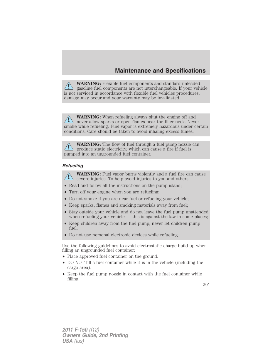 Refueling, Maintenance and specifications | FORD 2011 F-150 v.2 User Manual | Page 391 / 460