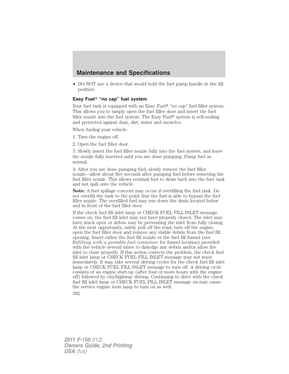 Easy fuel “no cap” fuel system, Maintenance and specifications | FORD 2011 F-150 v.2 User Manual | Page 392 / 460