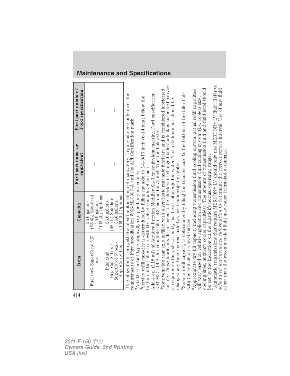 Maintenance and specifications | FORD 2011 F-150 v.2 User Manual | Page 414 / 460