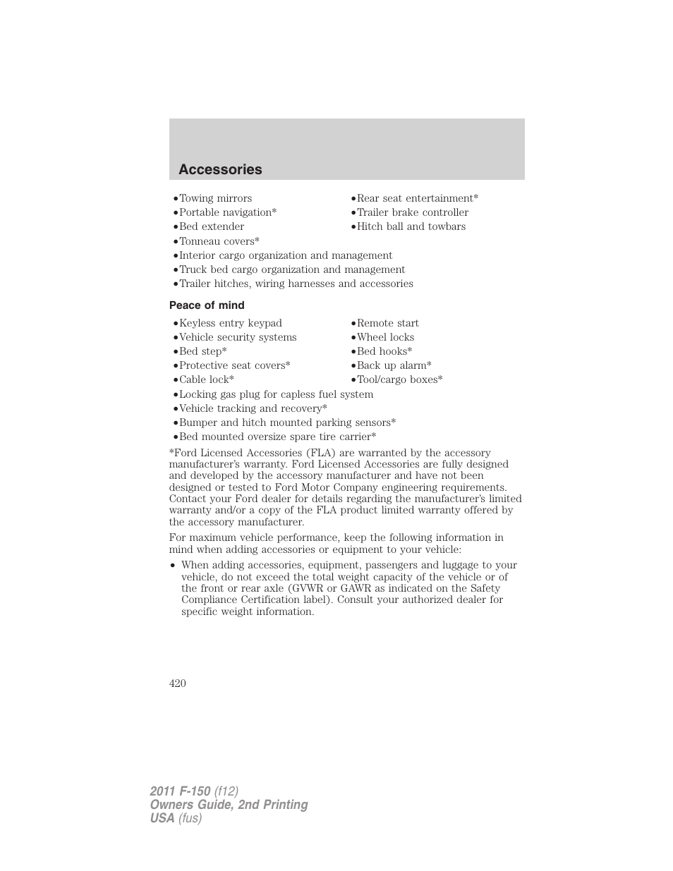 Peace of mind, Accessories | FORD 2011 F-150 v.2 User Manual | Page 420 / 460