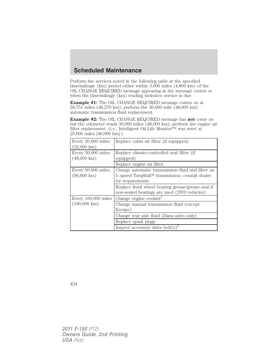 Scheduled maintenance | FORD 2011 F-150 v.2 User Manual | Page 434 / 460